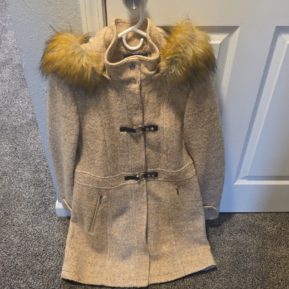 Ivanka Trump Beige Wool-Blend Toggle Trench Coat with Fur-Trim Hood